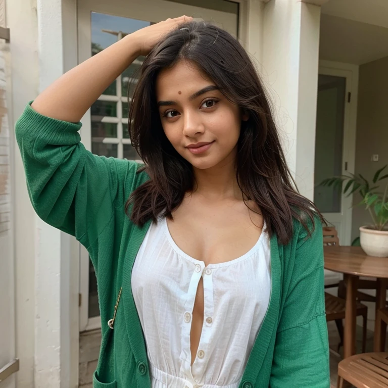 lovely cute young attractive indian girl, brown eyes, gorgeous actress, 23 years old, cute, an Instagram model, Indian, wearing Cute green Flower Sundress and Cardigan,You can make this pose very easily and can get a new stylish look in this pose. In this pose, you should give a cute smile and look in another direction