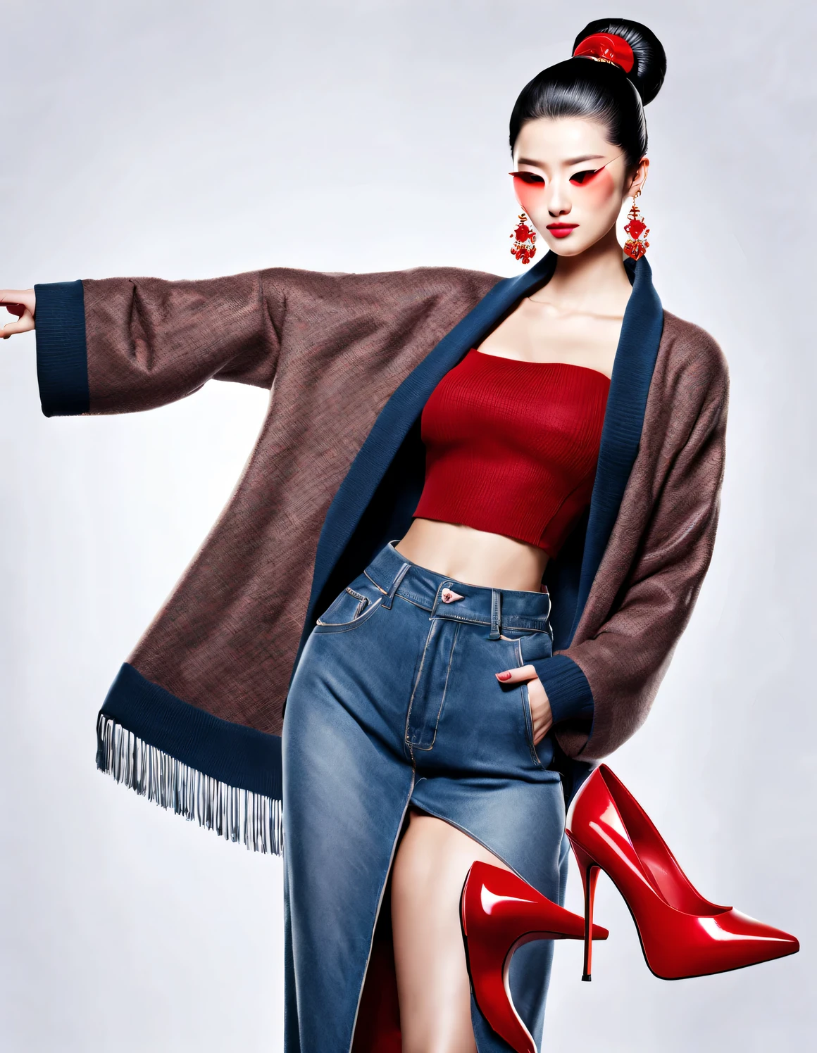 (role conception), (Half-length close-up), (Beautiful Chinese girl waving her red high heels: 1.3), (Wearing large sunglasses，Tied in a bun: 1.2), Harmonious combination of classic and modern, Dark blue and brown sweater, jeans, scarf, Matching jackets with fashionable clothing, Elegance, Girl fair and flawless smooth skin, high nose bridge, Head up posture, sad yet beautiful, slender figure, Exquisite facial features,
swirling fog illustration, ink painting, black hair, a ball head, Proud, Surrealism, contemporary art photography, action painting illustration, abstract expressionism, Pixar, depth of field, motion blur, backlight, radiation, decline, Head up angle, Sony FE General Manager, ultra high definition, masterpiece, accurate, textured skin, Super details, high detail, high quality, Award-winning, best quality, Level, 16k, Photographed from a bottom-up perspective,