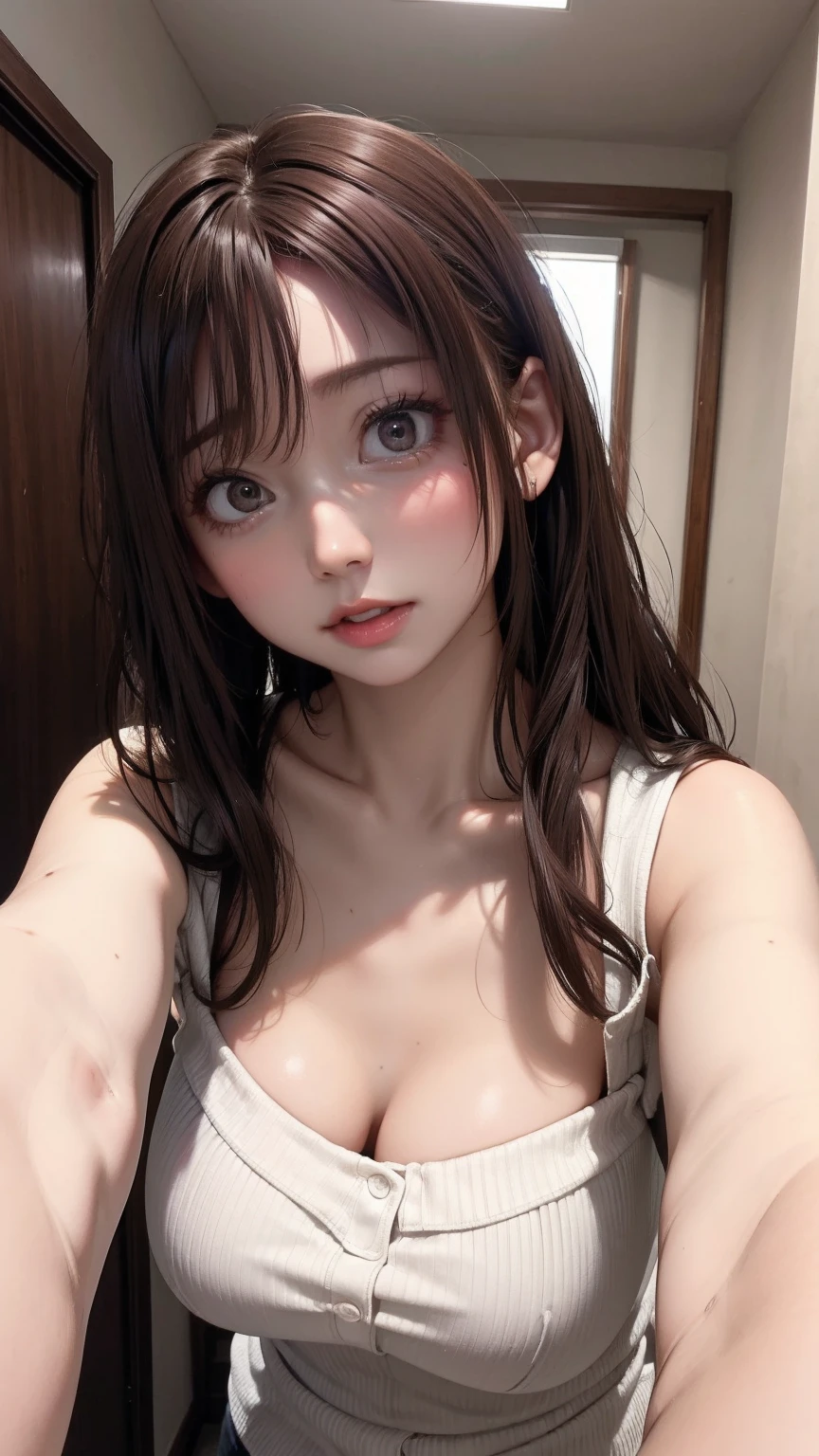 (masterpiece:1.5), (best quality:1.2),from adove, (Top quality:1.2),(high resolution:1.2),1girl,solo,(brown hair:1.6),naked ,long hair, fear, terror, despair,trars, bedroom,pov