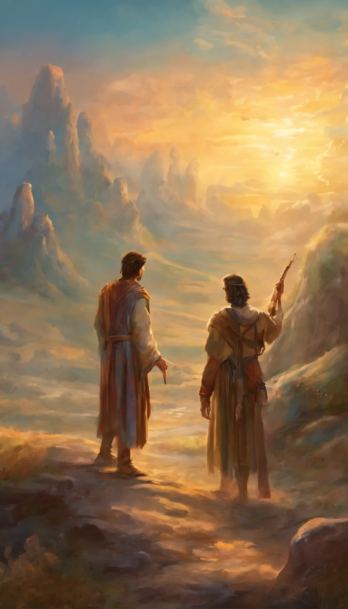 They are young men who are standing together in the dirt, Joseph and Joseph, biblical art, biblical photo, epic biblical representation, reassuring, biblical illustration, biblical image, amazing detail, realistic depiction, biblical art style,