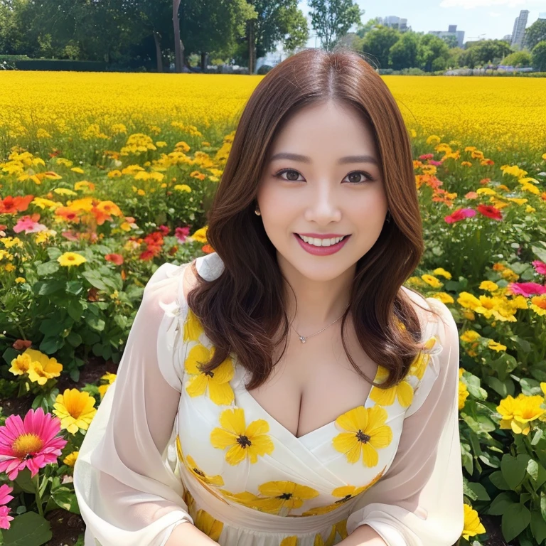((highest quality、debris flies、8K、best image quality、hyper realism))、45 years old、wrinkled face、(very bright:1.1)、(Colorful flower garden:1.1)、beautiful and detailed eyes, portrait shot of woman、blurred background、(Elegant and neat dress:1.1)、Long Wave Hair, cleavage,、Sunlit skin、(sculpture installation:1.1)、(Very thin:1.2)、very narrow waist clothes、(The background is a gorgeous and bright flower field..:1.3)、1 gorgeous fountain、blurred background、bright and vivid、the best smile when you look at me、Please smile and show your beautiful white teeth、long eyelashes、perfect makeup、lipstick、(upper body photo:1.2)、Fair skin、Shining beautiful skin、Perfect and beautiful teeth drawn in detail
