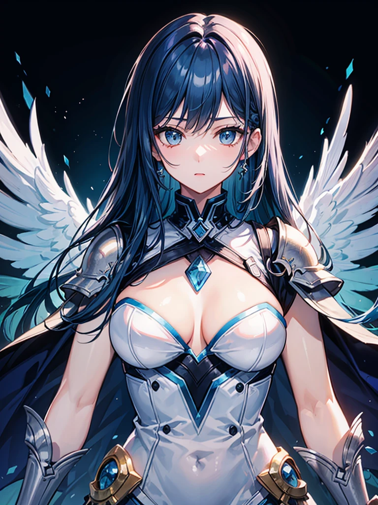 （（（masterpiece、Highest image quality、highest quality、highly detailed unity 8ｋwallpaper）））、（（Illustration of one girl、upper body））、（（（beautiful girl）））、blue hair、stocky build, thickset physique：1.3, broad shoulders, solid chest、（（（big breasts）））、white clothes