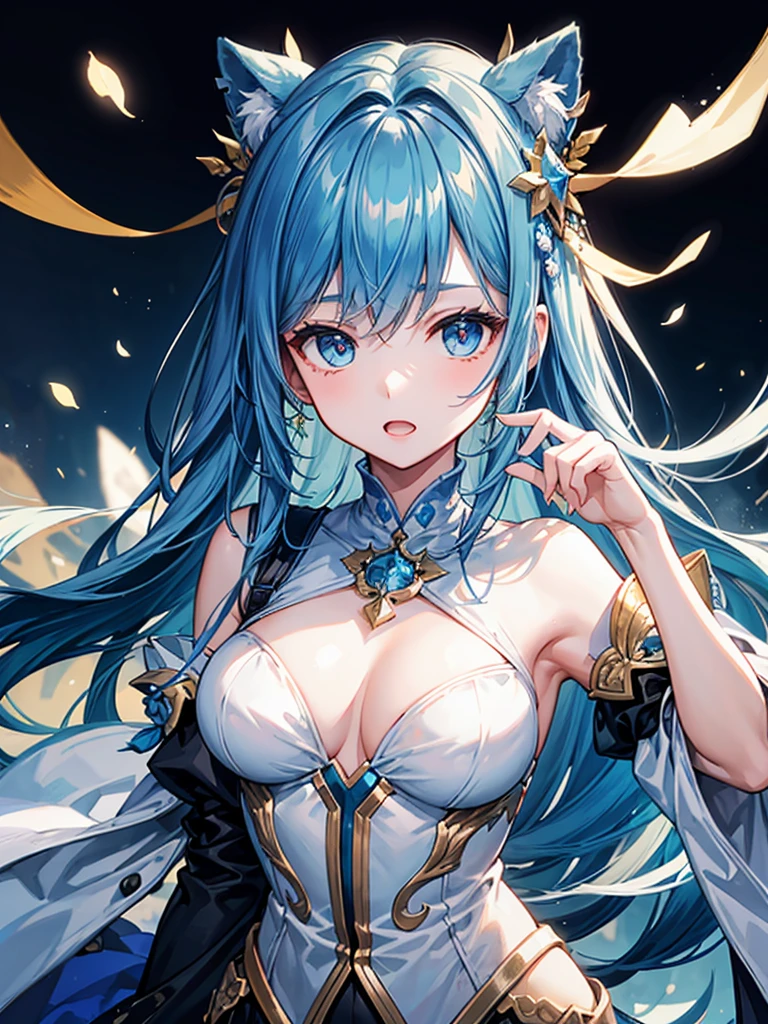 （（（masterpiece、Highest image quality、highest quality、highly detailed unity 8ｋwallpaper）））、（（Illustration of one girl、upper body））、（（（beautiful girl）））、blue hair、stocky build, thickset physique：1.3, broad shoulders, solid chest、（（（big breasts）））、white clothes