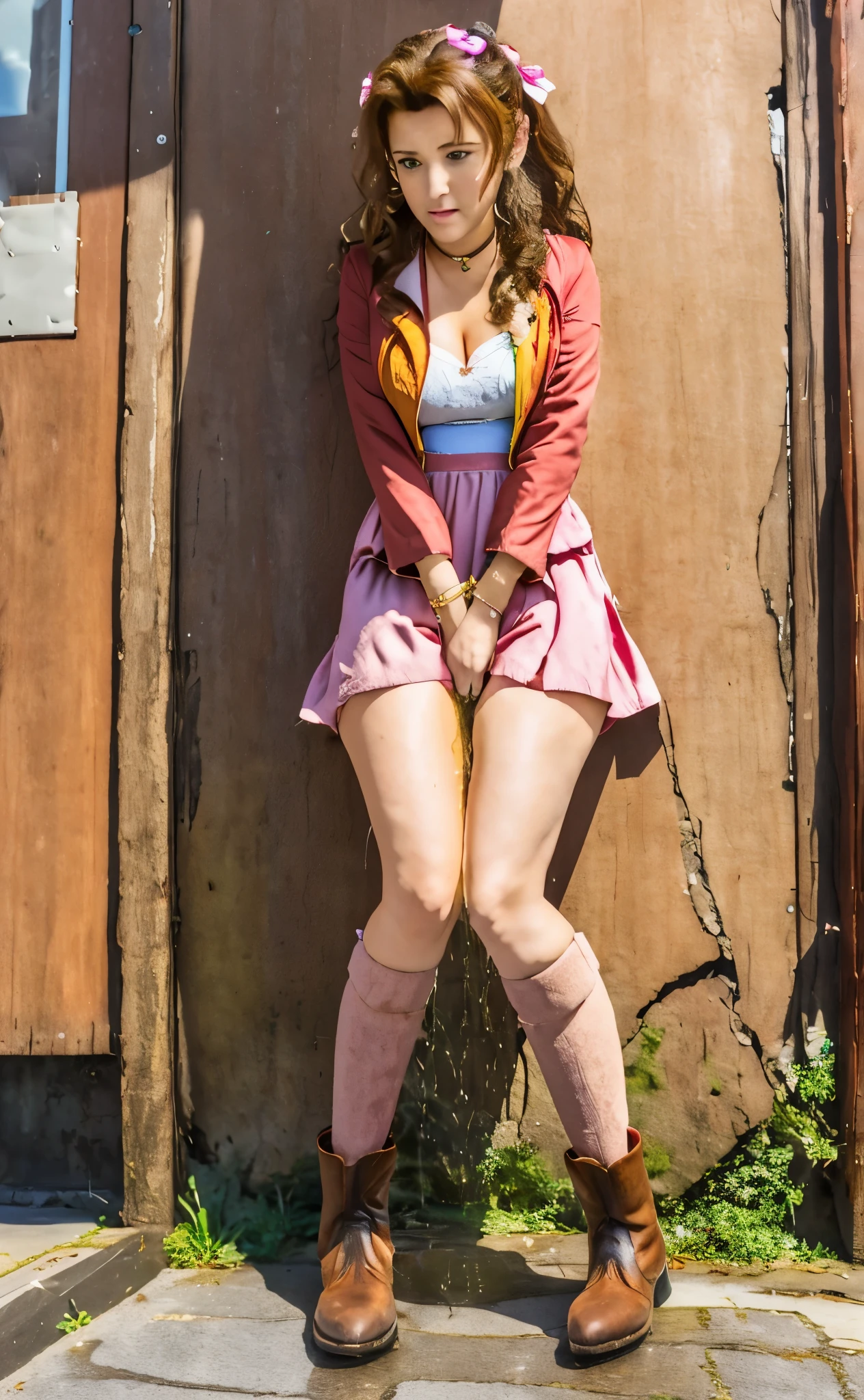 a3r1th, aerith multi view upper body, upskirt panties view, legs together, a3r1th, peeing, peeing herself, her own urine is trickling down her legs, perfect female figure, Aerith Gainsborough, holding small flower basket, peeing down her legs, green eyes, surrounded by other people, standing in very busy midgar city street, sunny, choker, cropped jacket, hair bow, bracelet, long pink dress, brown ankle boots, looking down nervously, shy, embarrassed, aroused, shocked, panicking, worried, outdoors, a small puddle of her own urine is forming around her feet on the dry ground, very desperate to pee, wetting herself, urination, legs crossed, rape face, full-face blush, high detail, Realism, Hyperrealism, three sided view, multiple views, perspective, ccurate, masterpiece, highres, UHD, anatomically correct, super detail, best quality, highres, 8k
