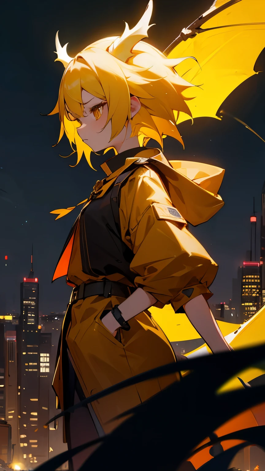 Dragon Girl, yellow hair, Brown eyes, night city, short stature