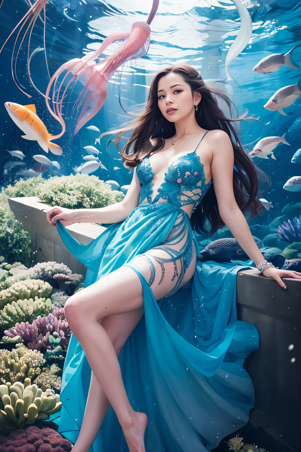 a beautiful woman, jellyfish dress, full body, looking at viewer,
tatto skin, fish scales, deep ocean, highly detailed,
Adrian Ghenie, Esao Andrews, Jenny Saville, Edward Hopper, James Jean, Takato Yamamoto,
masterpiece, ultra high res, high quality, 4k, photo, (photorealistic:1.2),