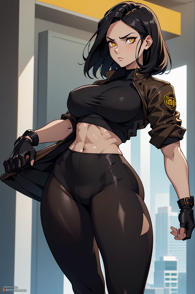 perfect anatomy girl muscular girl toned body girl large breasts girl thick girl angry girl best quality girl black hair girl yellow eyes girl pale girl pale girl,linda mulher morena, musculosa , usando short legging withe, meia calça preta, cabelo curto, belos olhos, olhos lindos, amarelos, camisa branca, jaqueta de couro preta, shorts, short legging white, cidade beco escuro pantyhose black
