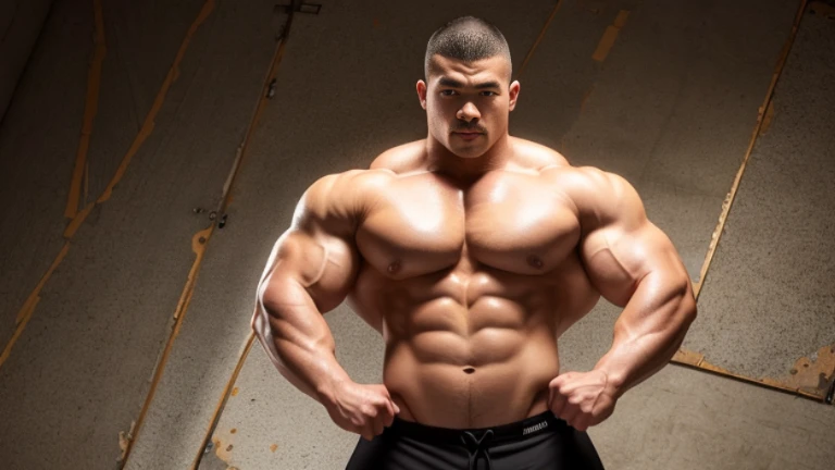 (Highly detailed 8K wallpaper), asian man, muscle worship, fold your arms, On the playground, baseball uniform, high detail, very short hair, skin head, Circular cut, very large and strong body, bulging muscles, muscular, very large pectoral muscles. Very sexy abs, legs are muscular, Toned figure, brightens oily skin, muscular, Tank top, T-shirt, long shot, wide shot