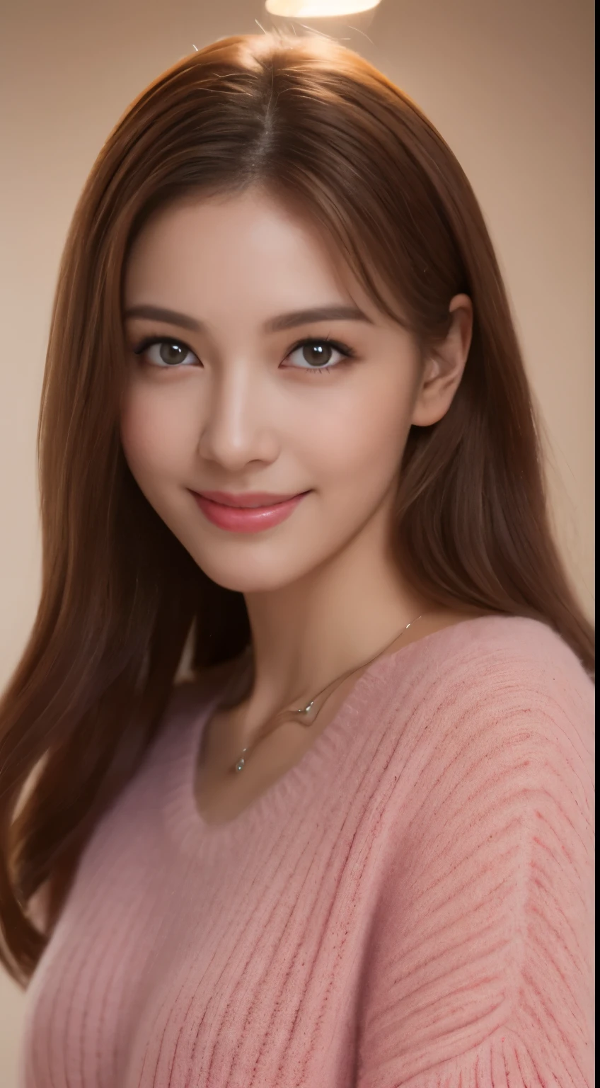 ((night, realistic light, highest quality, 8K, masterpiece: 1.3)), 1 girl, slim beauty: 1.4, abs: 1.1, (brown hair, medium breasts: 1.3), Pink long sweater: 1.1, Bathroom, super fine face, delicate eyes, double eyelid, smile, necklace