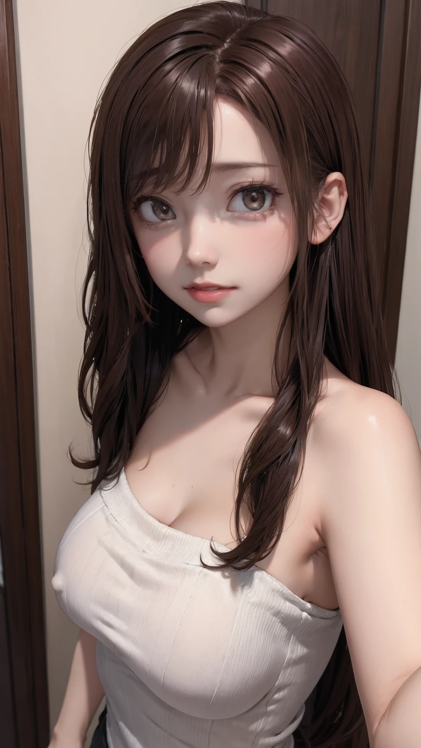 (masterpiece:1.5), (best quality:1.2),from adove, (Top quality:1.2),(high resolution:1.2),1girl,solo,(brown hair:1.6),naked ,long hair, fear, terror, despair,trars, nsfw, bedroom, facesitting, pov