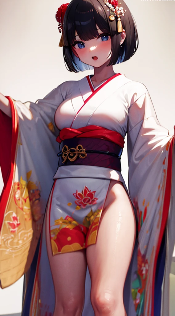 1 girl,japanese girl,cute furisode costume,big breast,girl sitting,spread legs,pov,Angle from below,soft color hair,short bob hair,tongue out, open mouth slightly,cameltoe,sweat,textured skin,gleaming skin,super detail, high quality, UHD, masterpiece, anatomically correct,nsfw