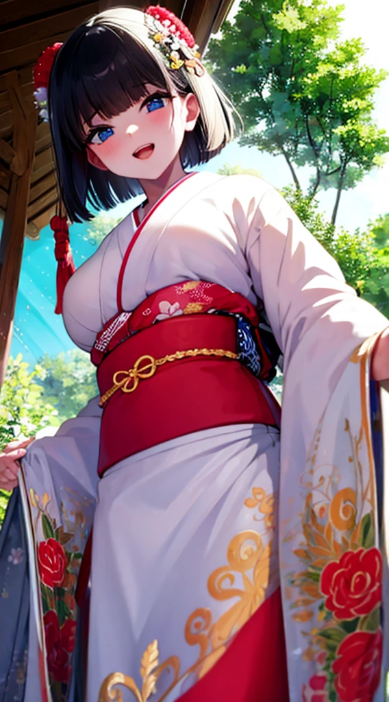 1 girl,japanese girl,cute furisode costume,big breast,girl sitting,spread legs,pov,Angle from below,soft color hair,short bob hair,tongue out, open mouth slightly,cameltoe,sweat,textured skin,gleaming skin,super detail, high quality, UHD, masterpiece, anatomically correct,nsfw