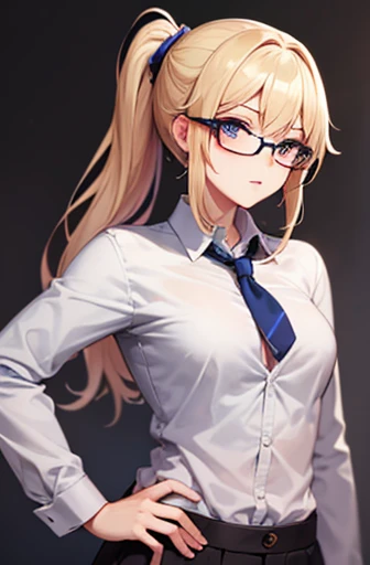 1 female、blonde hair ponytail、no curly hair、blue eyes、skin is white、Y-shirt with buttons、wearing glasses、teacher appearance、small breasts、facing forward、Suit skirt、place your hands on your hips、No background