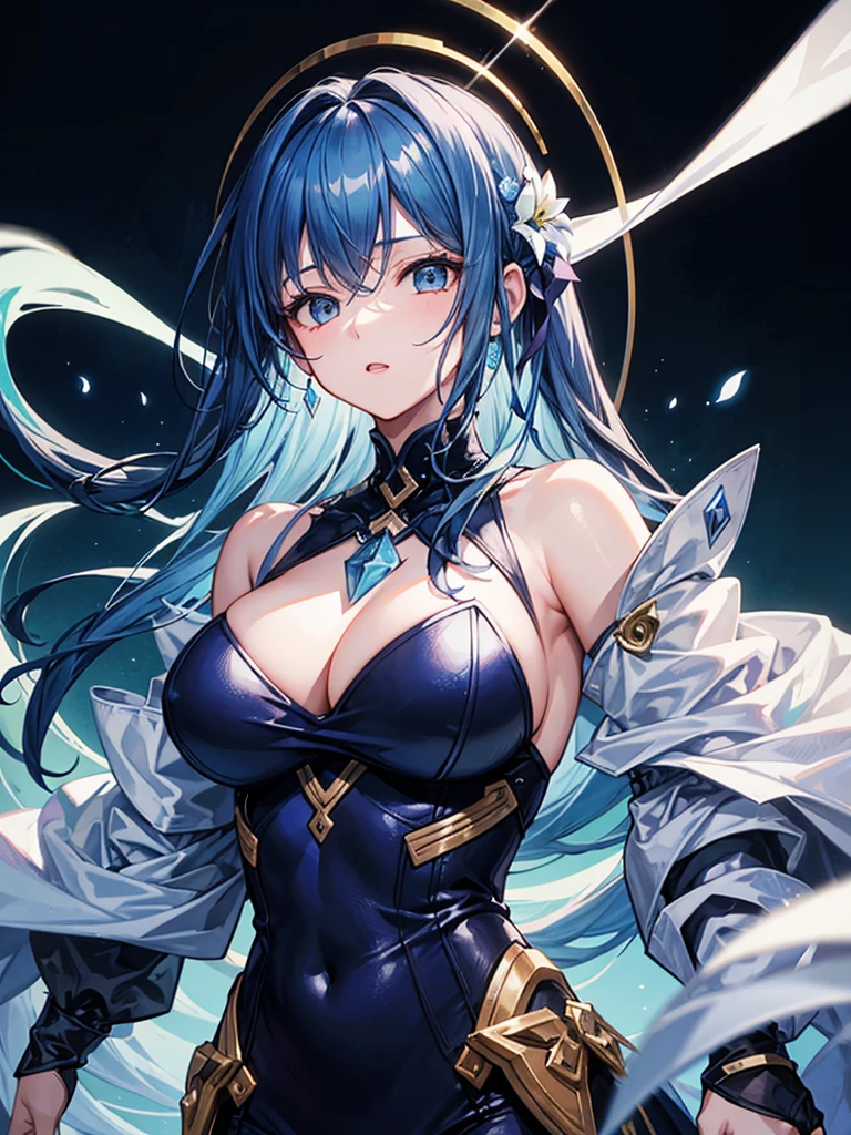 （（（masterpiece、Highest image quality、highest quality、highly detailed unity 8ｋwallpaper）））、（（Illustration of one girl、upper body））、（（（beautiful girl）））、blue hair、stocky build, thickset physique：1.3, broad shoulders, solid chest、（（（big breasts）））、white clothes