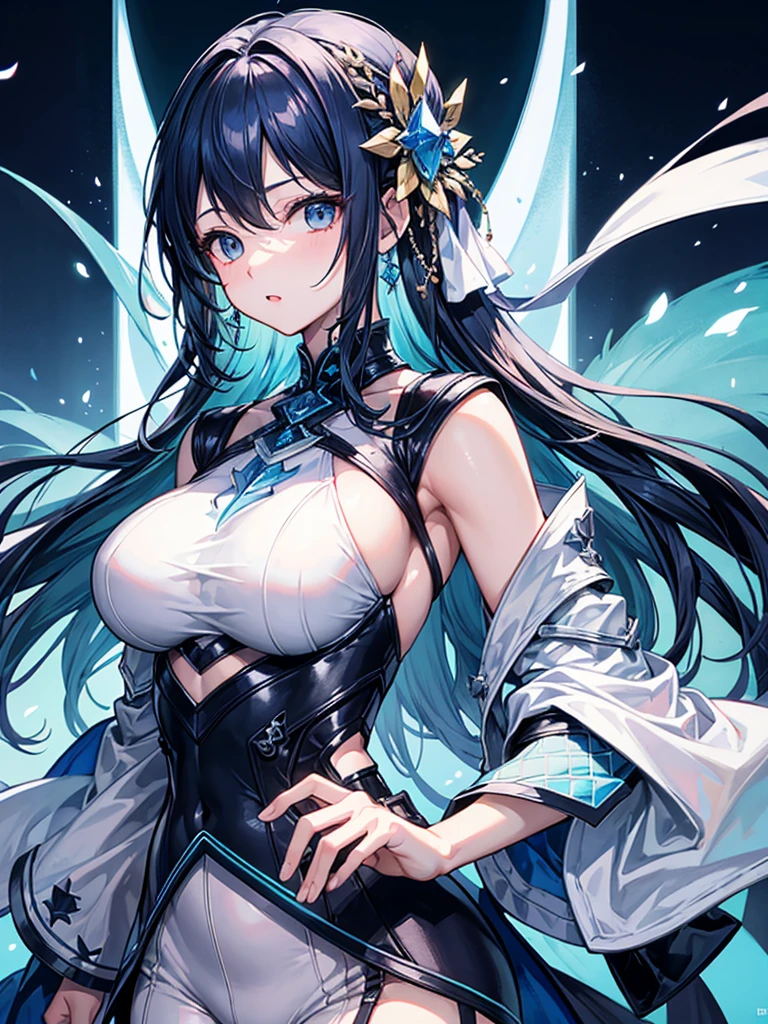 （（（masterpiece、Highest image quality、highest quality、highly detailed unity 8ｋwallpaper）））、（（Illustration of one girl、upper body））、（（（beautiful girl）））、blue hair、stocky build, thickset physique：1.3, broad shoulders, solid chest、（（（big breasts）））、white clothes