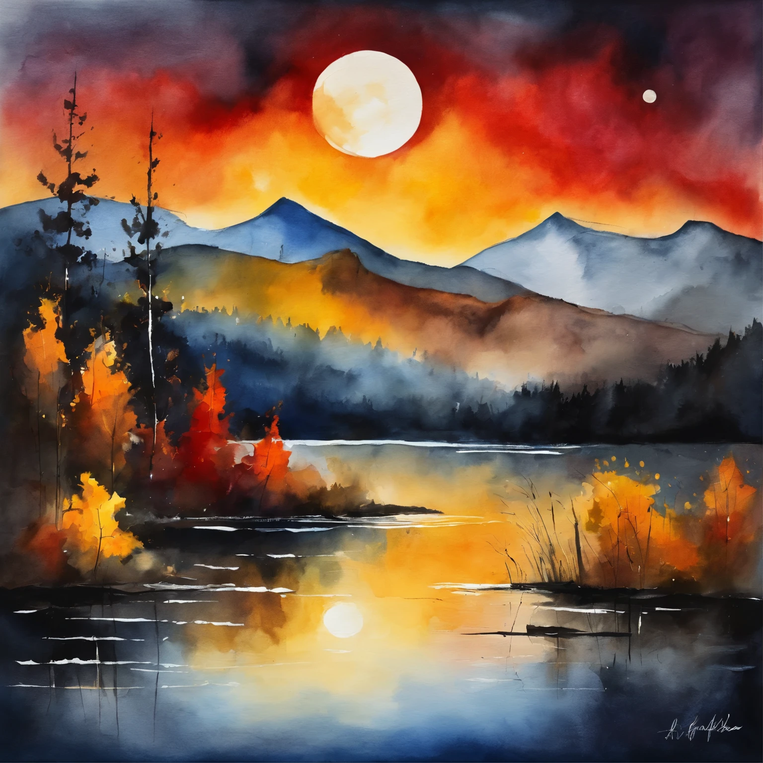 Minimalist,, Vectorized and graphial style of a natural scene with red,yellow, white and black colors , mountains, river,clear sky with a single moon ,in Leonid Afremov style