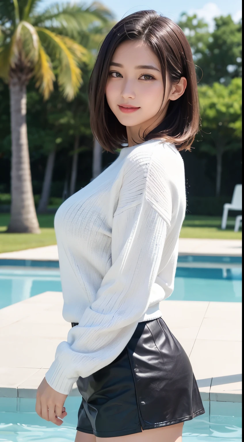 Pure Eros Face_v1, highest quality, photorealistic, 8K, High resolution, 1 girl huge big tits, perverted woman,short skirt、 (Skin dent), (sport portrait:0.6), gorgeous, dynamic pose, ((poolsidebackground:1.6)), coconut palms, ((mediumsize roundbreast,white highnecksweater:1.4)), Look directly at the audience:1.8, (1 girl looks at the audience with eyes, medium length hair, black hair, other々Bangs:1.65), (It's blurry), With a smile:1.2, (closed mouth:1.16),