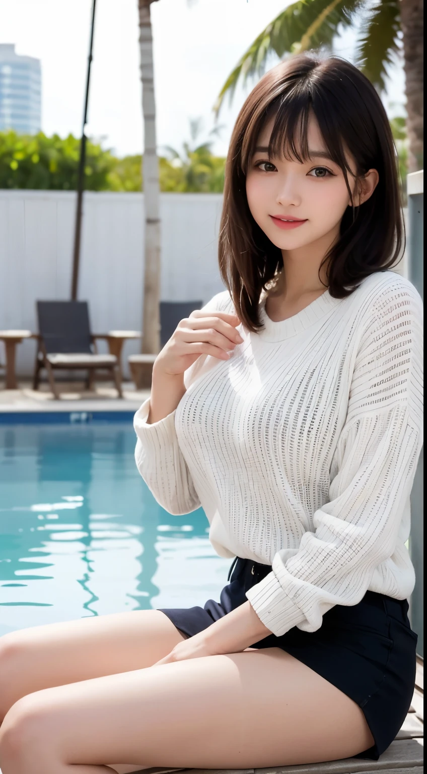 Pure Eros Face_v1， highest quality， photorealistic， 8K， High resolution， 1 girl huge big tits， perverted woman， （Skin dent）， （sport portrait：0.6）， gorgeous， dynamic pose， （（poolsidebackground：1.6））， coconut palms， （（mediumsize roundbreast，white highnecksweater：1.4））， Look directly at the audience：1.8， （1 girl looks at the audience with eyes， medium length hair， black hair， other々Bangs：1.65）， （It&#39;s blurry）， With a smile：1.2， （closed mouth：1.16），
