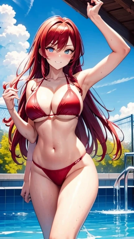 anime (Masou Gakuen HxH), lady , sexy (very big boobs), actress (Scarlett Fairchild) , yellow eyes , red long hair that is hip / past hip length ,bikini red ,She put on a towel and prepared to go into the swimming pool.