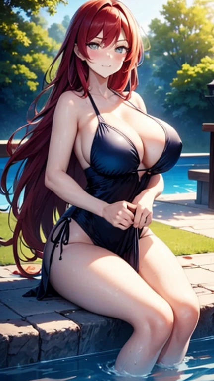 anime (Masou Gakuen HxH),  lady , sexy (very big boobs), actress (Scarlett Fairchild) ,  yellow eyes , red long hair that is hip / past hip length ,bikini red ,She put on a towel and prepared to go into the swimming pool. 