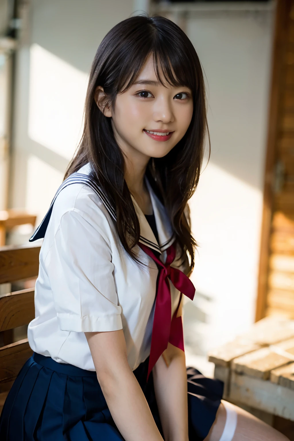 (8K、Raw photography、top-quality、masterpiece:1.2)、(realisitic、Photorealsitic:1.37)、ultra-detailliert、超A high resolution、女の子1人、see the beholder、beautifull detailed face、A smile、Constriction、(Slim waist) :1.3)、Beautiful detailed skin、Skin Texture、Floating hair、Professional Lighting、Whole human body、Longhaire、a blond、japanese hight school uniform、a sailor suit、Bob Hair、E-cup、Happy smile、、Red ribbons、a baby face、Childisuppin、Moisturizing lips、Thin pink lips、Dark blue skirt、Dark blue knee-high socks、white thighhig、Healthy body、full bodyesbian