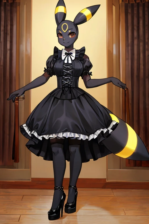 Uploaded to e621, anthropomorphic, umbreon, umbreon body fur, red eyes, male, wearing latex maid outfit, medium waist, medium hips, medium butt, hazel eyes, tall, medium hair, digital art, furry art, masterpiece, illustrations, definition, high quality, high class hotel room,