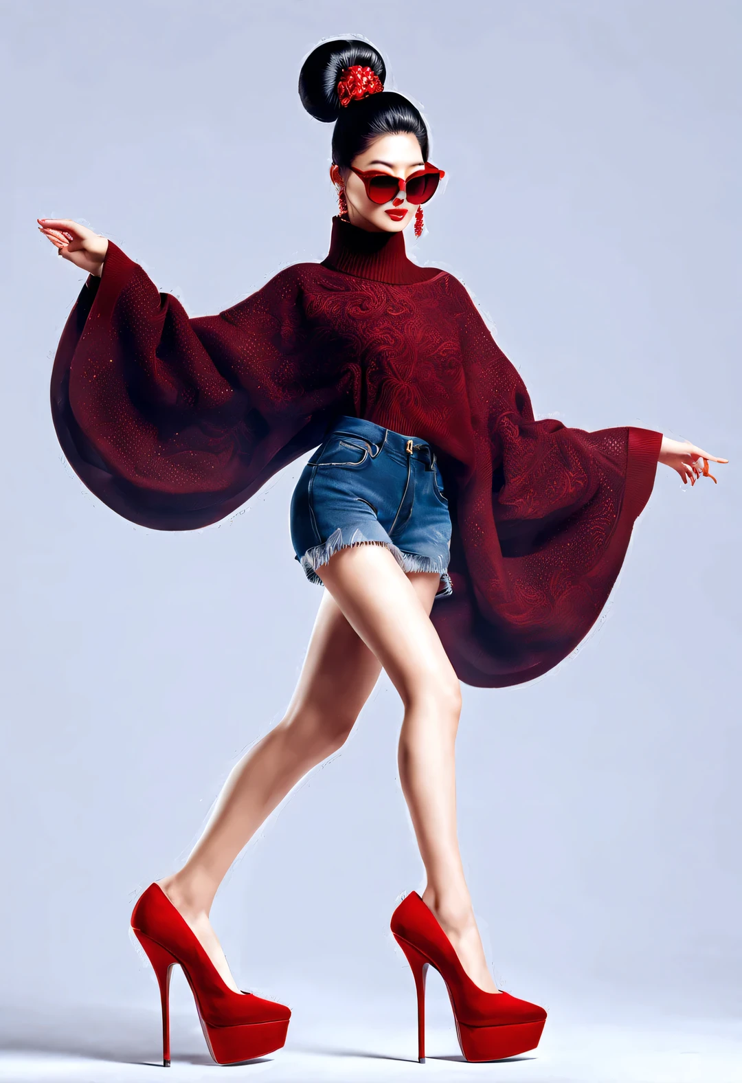 (role conception), (Half-length close-up), (Beautiful Chinese girl barefoot waving her red high heels: 1.3), (Wearing big sunglasses and top bun hairstyle: 1.2), Harmonious combination of classic and modern, Dark blue and brown sweater, jeans, scarf, Matching jackets with fashionable clothing, Elegance, Girl fair and flawless smooth skin, high nose bridge, Head up posture, sad yet beautiful, slender figure, Exquisite facial features,
swirling fog illustration, ink painting, black hair, a ball head, Proud, Surrealism, contemporary art photography, action painting illustration, abstract expressionism, Pixar, depth of field, motion blur, backlight, radiation, decline, Head up angle, Sony FE General Manager, ultra high definition, masterpiece, accurate, textured skin, Super details, high detail, high quality, Award-winning, best quality, Level, 16k, Photographed from a bottom-up perspective,