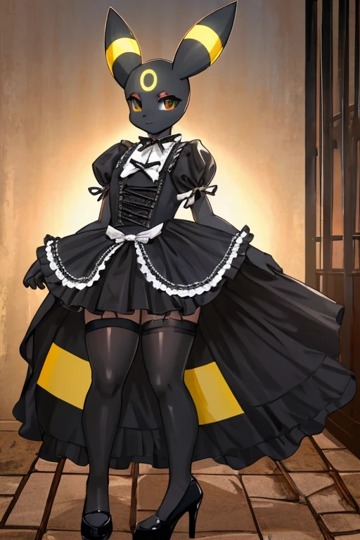 ((Umbreon)), anthropomorphic, big boobs, big ass, pokemorph, (((1girl))), (((black gothic lolita dress))), (black stockings), cute and sexy, (black heels), slender, black skin, long legs