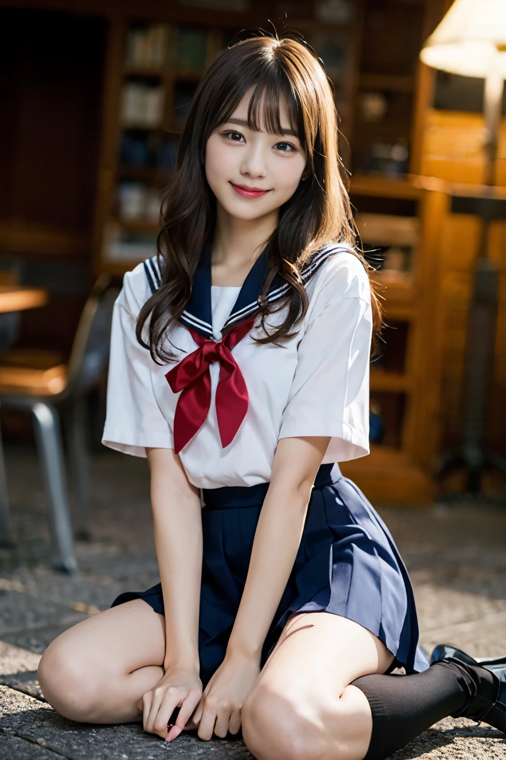 (8K、Raw photography、top-quality、masterpiece:1.2)、(realisitic、Photorealsitic:1.37)、ultra-detailliert、超A high resolution、女の子1人、see the beholder、beautifull detailed face、A smile、Constriction、(Slim waist) :1.3)、Beautiful detailed skin、Skin Texture、Floating hair、Professional Lighting、Whole human body、Longhaire、a blond、japanese hight school uniform、a sailor suit、Bob Hair、E-cup、Happy smile、sixteen years old、Red ribbons、a baby face、Childish smile、Suppin、Moisturizing lips、Thin pink lips、Dark blue skirt、Dark blue knee-high socks、white thighhig、Healthy body、full bodyesbian