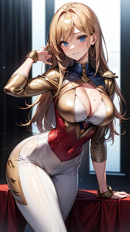 ((masterpiece)), ((high quality)), ((Super detailed)), ((High resolution)) , ((8K)),beautiful woman, ((She is one of Japan's most famous actresses.)), unparalleled beauty, ((big breasts:1.4)), ((big ass)), ((deep cleavage)), slim waist, Proudly, super detailed face, perfect skin, (((Waist-length hair, ((long and straight golden hair)), crossed bangs))), blue eyes, fine eyes, full body image, sexy, an inviting smile, sensual, (((anime))), ((glamorous)), 性的charm ,23 years old, ((incredibly beautiful woman)), ((H cup bust)), ((((sexy pose)))), ((Neat.)) , (((Power Ranger))), heroine, (((High Leg Riotard Power Suit, A blue power suit with a white line:1.4, Reinforced powered suit))), ((beautiful breasts)), beautiful feet, 8 life size, anime:1.4, Wet, The most beautiful、strongest, ((charm)), ((sculpture installation)),((British Beauty)),