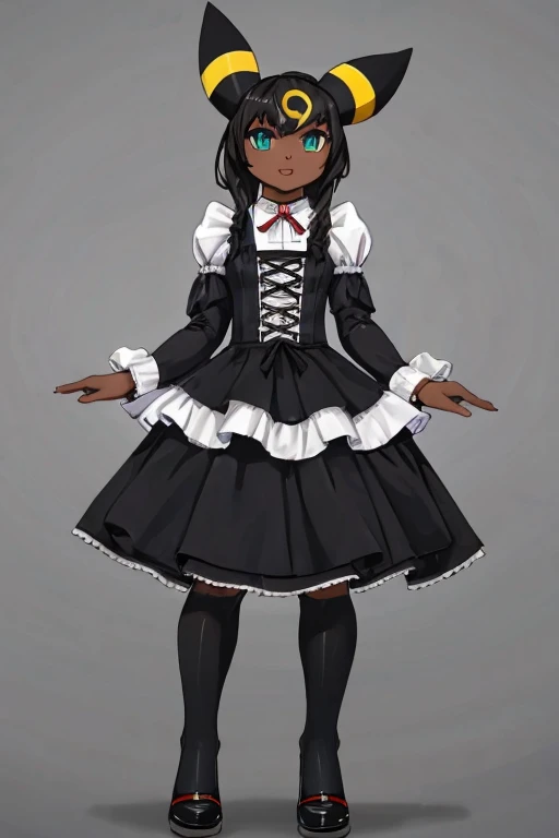 ((Umbreon)), anthropomorphic, big boobs, big ass, pokemorph, (((1girl))), (((black gothic lolita dress with flowing sleeves))), (black stockings), cute and sexy, (black heels), slender, black skin, long legs