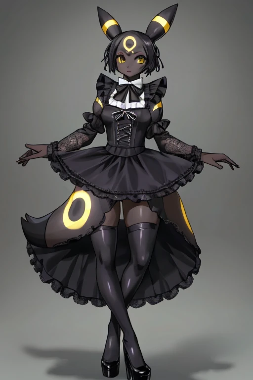 ((Umbreon)), anthropomorphic, big boobs, big ass, pokemorph, (((1girl))), (((black gothic ta dress with flowing sleeves))), (black stockings), cute and sexy, (black heels), slender, black skin, long legs