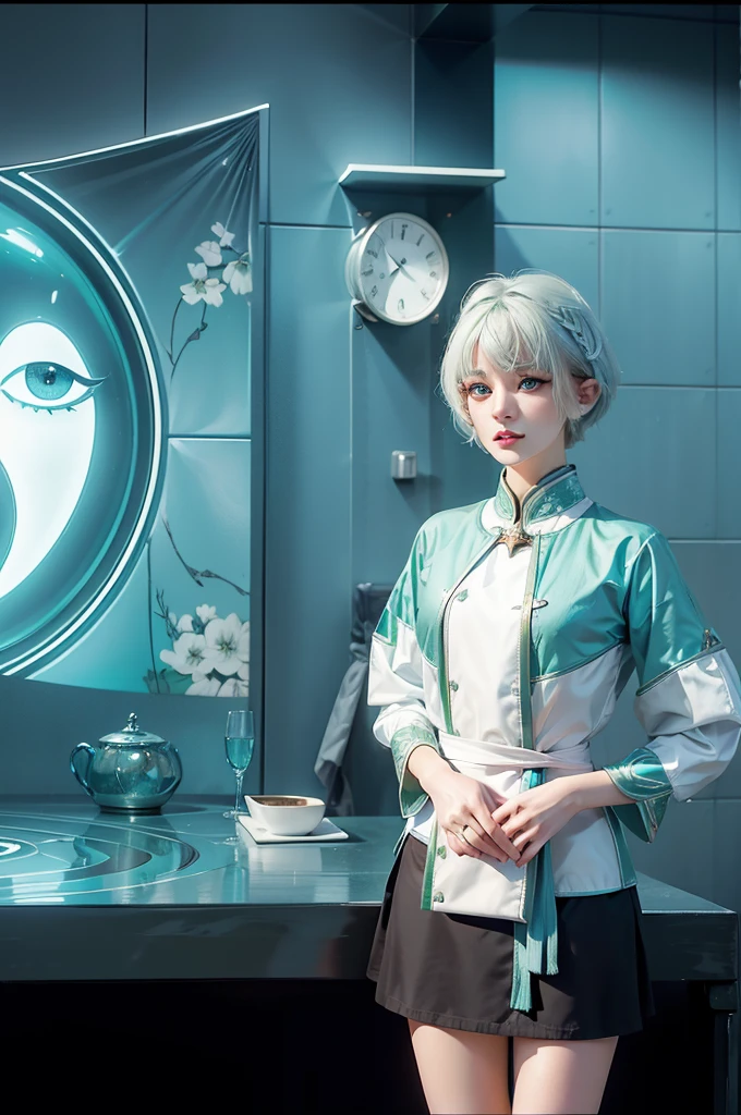 short hair、laughter、short hair,green hair,Emerald hair,beautiful bangs、40 years、shining white skin、know、Flow of hair that extends to the face、bangs between eyeliner hair、High resolutionの目の美しさ, Bright and clear, Big light blue eyes shine charmingly、Green dress、white jacket、eyeliner、(Ultra Real), (shape), (High resolution), (In 8K), (very detailed), (Best shape), (Beautiful quality with attention to detail), (Super detailed), (table top), (wallpaper), (detailed face), drooling eyes,upper body up, alone,