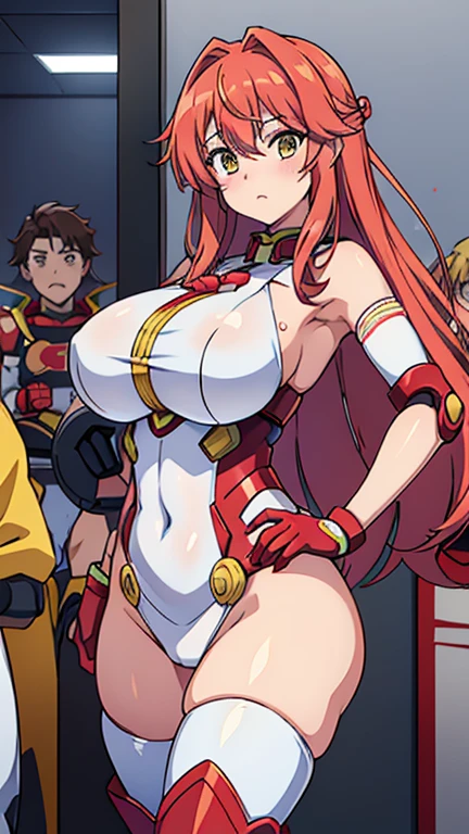 anime (Masou Gakuen HxH), lady , sexy (very big boobs), actress (Scarlett Fairchild) , yellow eyes , red long hair that is hip / past hip length, ribbon hair ,armor suit robot , She was at the practice room with a group of friends.
