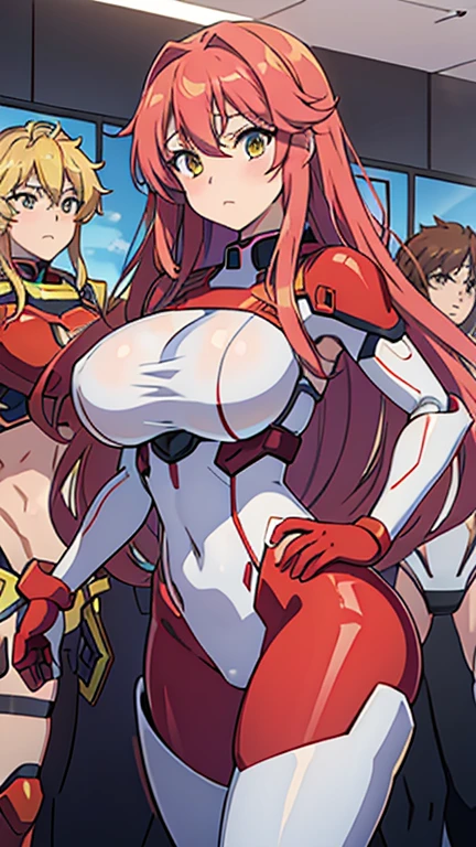 anime (Masou Gakuen HxH), lady , sexy (very big boobs), actress (Scarlett Fairchild) , yellow eyes , red long hair that is hip / past hip length, ribbon hair ,armor suit robot , She was at the practice room with a group of friends.