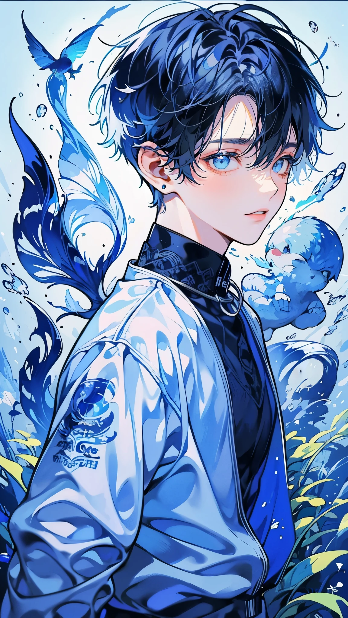 (muste piece), (best quality), very detailed, 1 boy, Solo Full Body Shot, perfect face, beautiful young man, very detailedな顔,(Blue-haired shorthair:1.5),(blue eyes:1.4),(in water:1.4),Ocean,School of small fish,Light,jellyfish,Ocean藻,Red fish,Yellow fish,深Ocean,fantasy