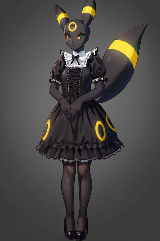 ((Umbreon)), anthropomorphic, big boobs, big ass, pokemorph, (((1girl))), (((black gothic ta dress))), (black stockings), cute and sexy, (black heels), slender, black skin, long legs