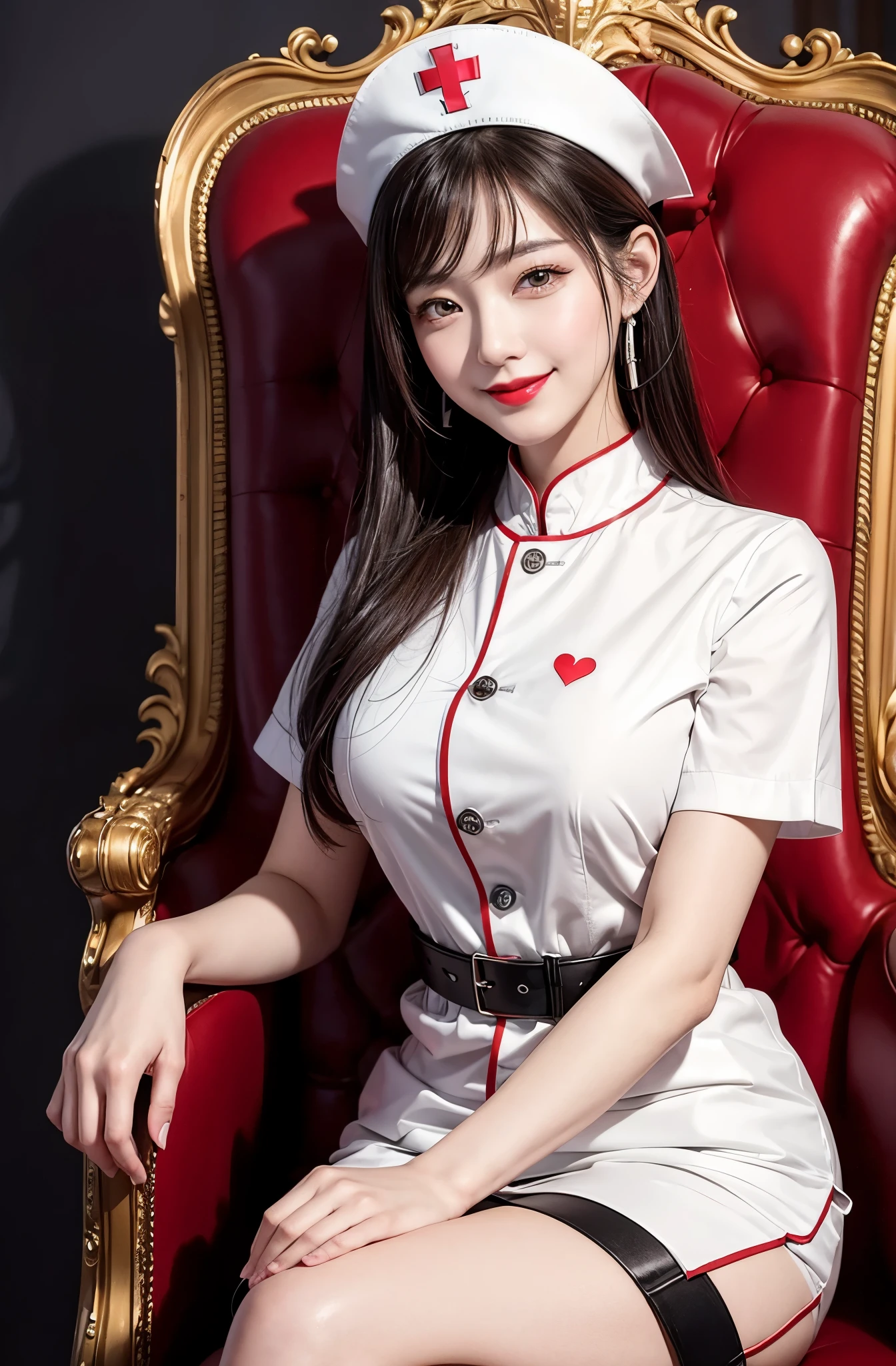 《The role of artificial intelligence》。（（（Virtual character design：heart doctor。Miss，20 years old，white short hair，Exquisite facial features，beautiful make up，Skin details，Smile，waist，elegant posture）））。（（White nurse's uniform））。((Super realistic details)), Red glowing heart decoration，illumination, light and shadow, octane rendering, 8k, super sharp,complicated, Accessory details,atmosphere