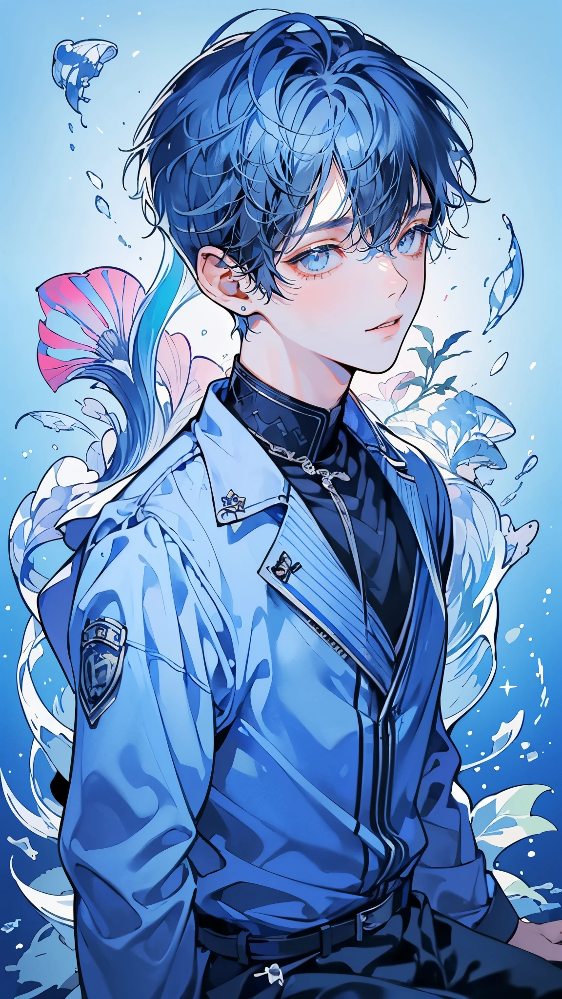 (muste piece), (best quality), very detailed, 1 boy, Solo Full Body Shot, perfect face, beautiful young man, very detailedな顔,(Blue-haired shorthair:1.5),(blue eyes:1.4),(in water:1.4),Ocean,School of small fish,Light,jellyfish,Ocean藻,Red fish,Yellow fish,深Ocean,fantasy