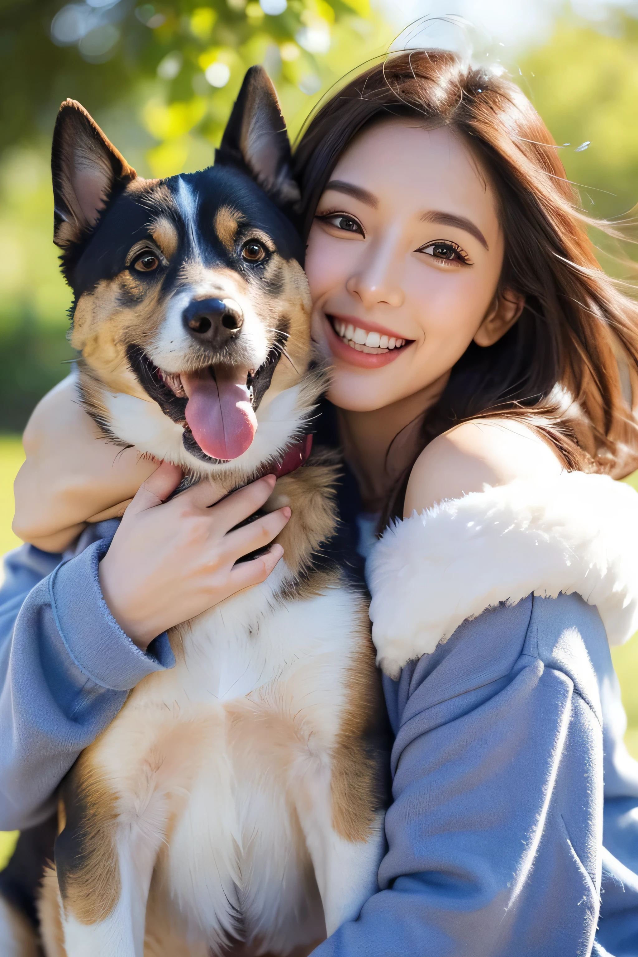 "A heartwarming one, High-resolution images perfectly capture the happy expressions of happy dogs. Visualize close-ups of their faces, Their mouths open in the middle of the bark or pants, The eyes shone with joy, Tongue sticking out playfully,Conveys a palpable sense of happiness. The focus should be on their happy expressions,The background is a natural soft blurred background,This won't distract from their cheerful faces. Pay special attention to the nuances of their fur texture and the sparkle in their eyes,will reflect the authenticity of their contentment and the atmosphere of love that surrounds them."