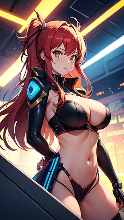 anime (Masou Gakuen HxH), teen lady , sexy (very big boobs), actress (Scarlett Fairchild) ,  yellow eyes , red long hair that is hip / past hip length, ribbon hair ,armor suit robot , She was at the practice room with a group of friends. 