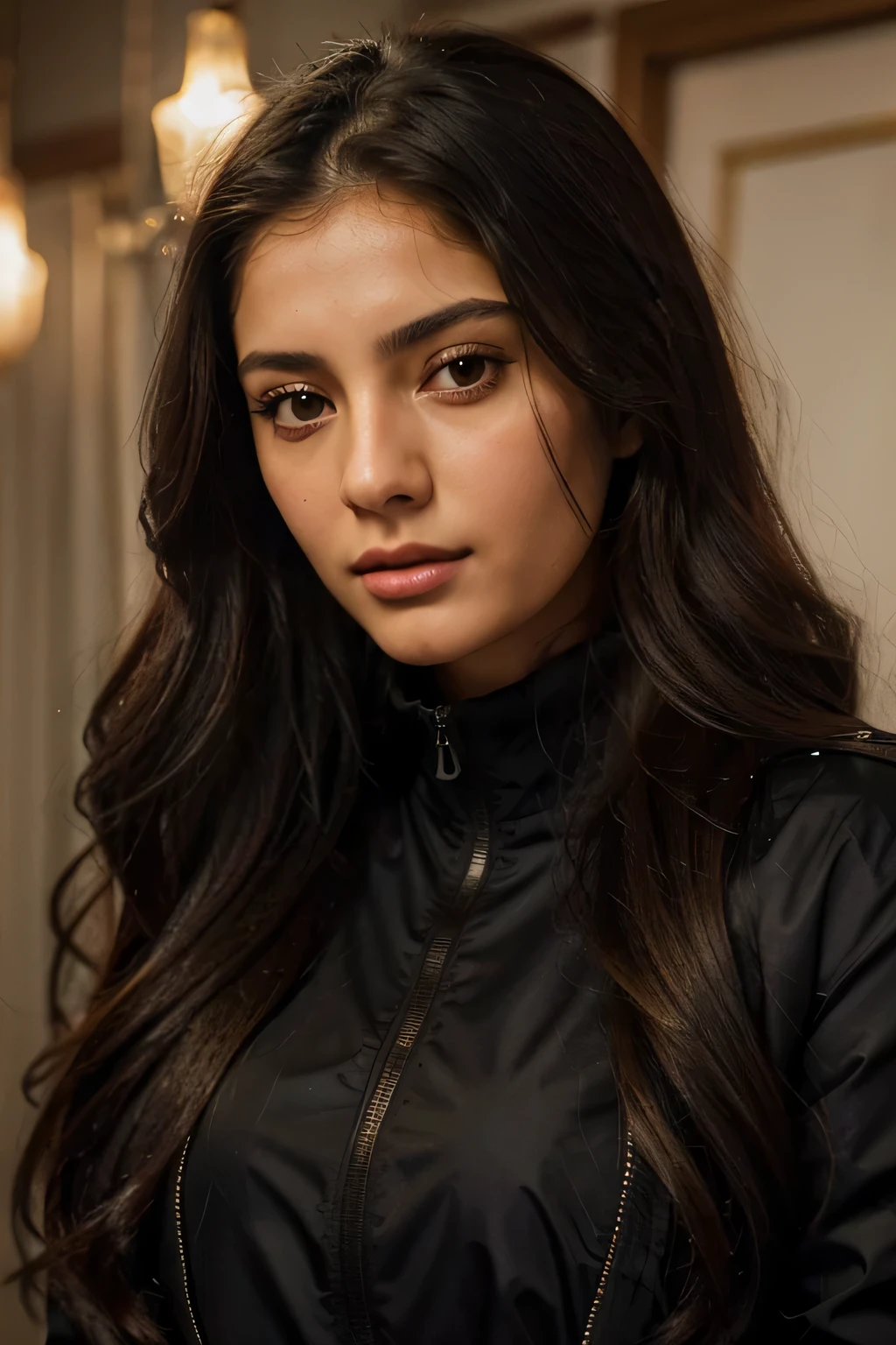 a close up of a woman with long hair wearing a black jacket, christina kritkou, looks like ebru şahin, handsome girl, meni chatzipanagiotou, very pretty face, soft portrait shot 8 k, julia sarda, aykut aydogdu, eytan zana, greek ameera al taweel, she is facing the camera