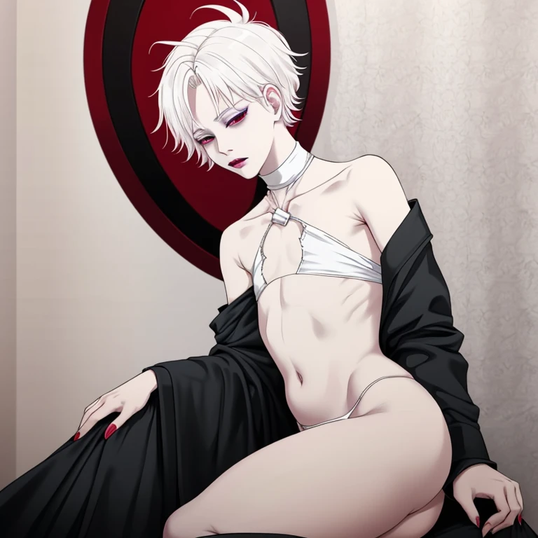 (evil albino lathy androgynous male, Cockatrice King, thin neck, frail shoulders, weak arms, flat chest, soft belly, curvy hips, thick avian thighs, male crotch, massive buttocks, depraved homosexual, rapist, kidnapper, cradle robber, queer, weak stomach, weak bladder, his presumable prey castrates him)