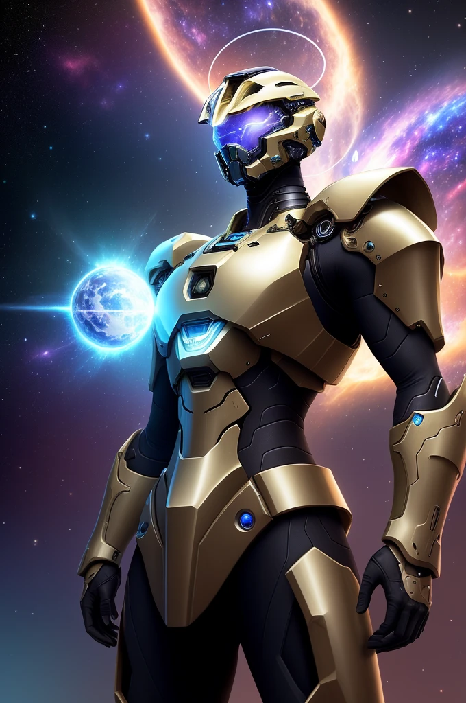 Surrealist Mechanical Chieftain, whole body, Galaxy background highlights the halo in the background