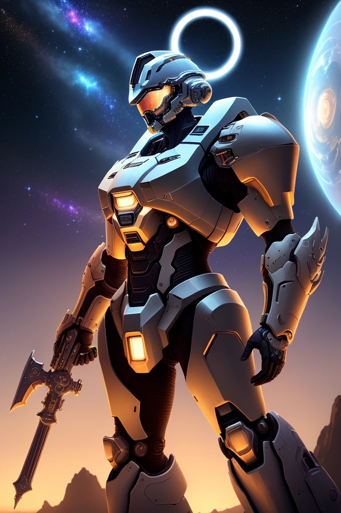 Surrealist Mechanical Chieftain, whole body, Galaxy background highlights the halo in the background
