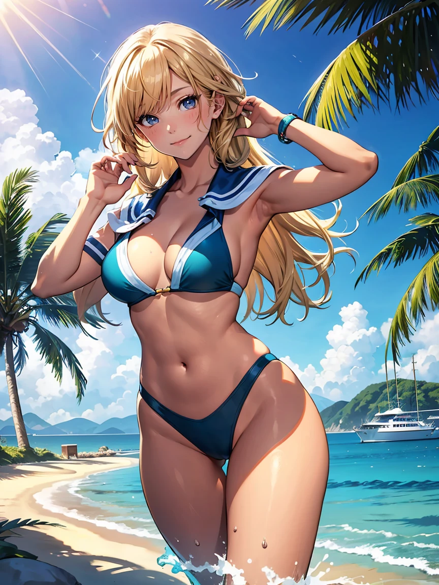 (best quality,4k,8k,highres,masterpiece:1.2),ultra-detailed,(realistic,photorealistic,photo-realistic:1.37),sailor high-leg bikini,illustration,beach background,clear blue sky,long blonde hair,tanned skin,playful smile,cute face,shimmering water,golden sand,fresh summer vibes,vibrant colors,lush green palm trees,revealing swimsuit,enticing pose,relaxed and confident attitude,soft and warm sunlight,sparkling reflections on the water,refreshing ocean breeze,endless summer fun,energetic and youthful energy,joyful and carefree mood,waves gently crashing,bikini contour highlighting curves,subtle sea foam,makes you feel like you're on vacation.