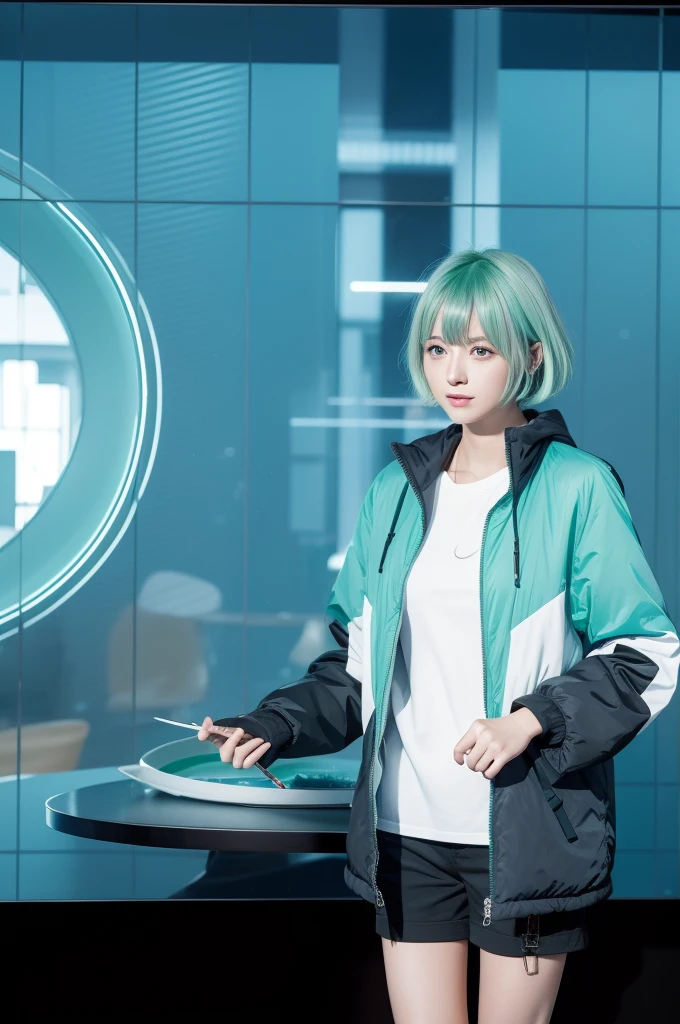 short hair、laughter、short hair,green hair,Emerald hair,beautiful bangs、40 years、shining white skin、know、Flow of hair that extends to the face、bangs between eyeliner hair、High resolutionの目の美しさ, Bright and clear, Big light blue eyes shine charmingly、Green dress、white jacket、eyeliner、(Ultra Real), (shape), (High resolution), (In 8K), (very detailed), (Best shape), (Beautiful quality with attention to detail), (Super detailed), (table top), (wallpaper), (detailed face), drooling eyes,upper body up, alone,