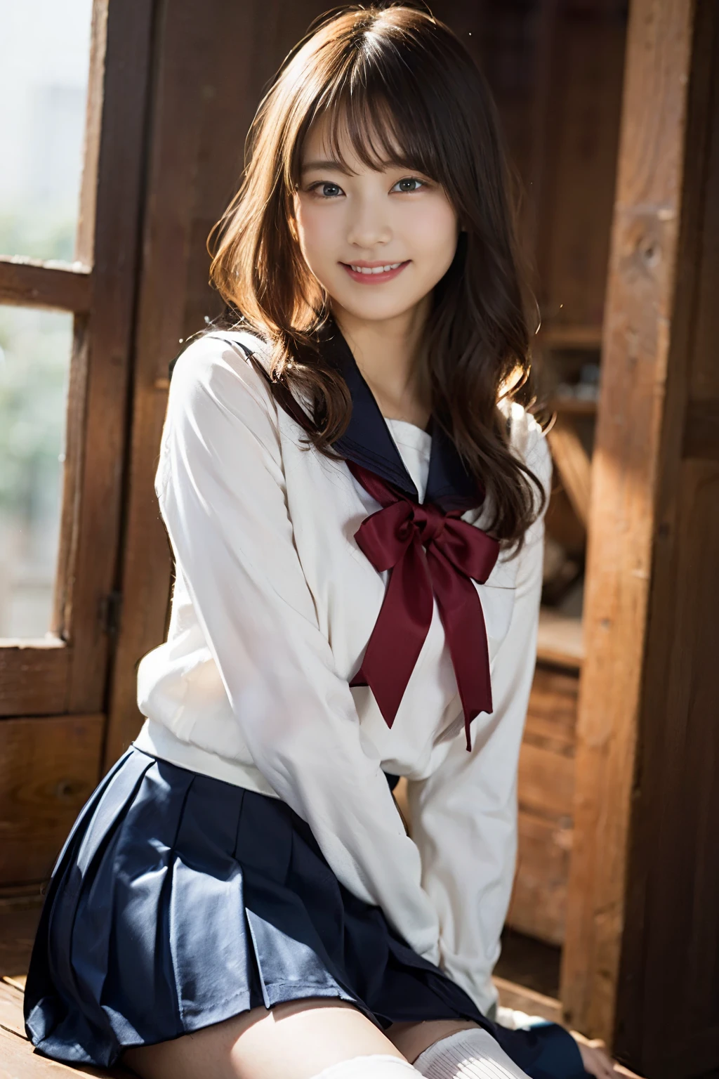 (8K、Raw photography、top-quality、masterpiece:1.2)、(realisitic、Photorealsitic:1.37)、ultra-detailliert、超A high resolution、1人、see the beholder、beautifull detailed face、A smile、Constriction、(Slim waist) :1.3)、Beautiful detailed skin、Skin Texture、Floating hair、Professional Lighting、Whole human body、Longhaire、a blond、japanese hight school uniform、a sailor suit、Bob Hair、E-cup、Happy smile、sixteen years old、Red ribbons、a baby face、Childish smile、Suppin、Moisturizing lips、Thin pink lips、Dark blue skirt、Dark blue knee-high socks、white thighhig、Healthy body、full bodyesbian