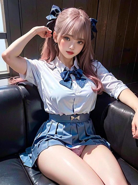 (best quality, 8k, highres, photorealistic:2.0), (solo, one girl:2.0),(lighting: strong),(lighting: front),(very muscular girl:2.0),(bodybuilder girl:1.5),(shiny skin:1.5),(pink ash hair color:1.5),(Open your bent legs to the limit:1.5),(raise both arms behind your head:1.5),(black loafers:1.5),((school uniform)),(white collar shirt),(long sleeve shirt:1.1),tight shirt,((ribbon bow tie:1.1)),(white socks),((blue pleated skirt)),((blue skirt)),((Wearing cute patterned panties)),(orgasmic look),((Girl leaning on an old leather sofa)), very beautiful girl, Blush brown makeup , dark eye makeup