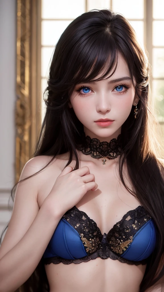 masterpiece, highest quality, Super detailed, Facing the camera, Super detailed, Realistic, Sharp features, Very detailed, Sharp focus, Perfect Face, Perfect Face, Perfect symmetrical perfect eyes, Perfect Plump Lips, Flexible female form, Cinematic, Film Light, Super detailed, hyper Realistic, masterpiece, Atmospheric, High resolution, Vibrant, Dynamic Studio Lighting, ((Dark Background)), The expression of tears as she receives pleasure, Straight bangs, blue eyes,Black sweater, Cowboy Shot,The cleavage is visible